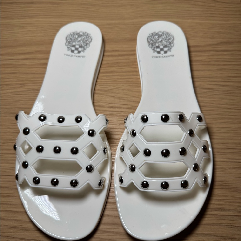 Vince Camuto White Slide Sandals with Polka Dot Straps - Picture 3 of 8
